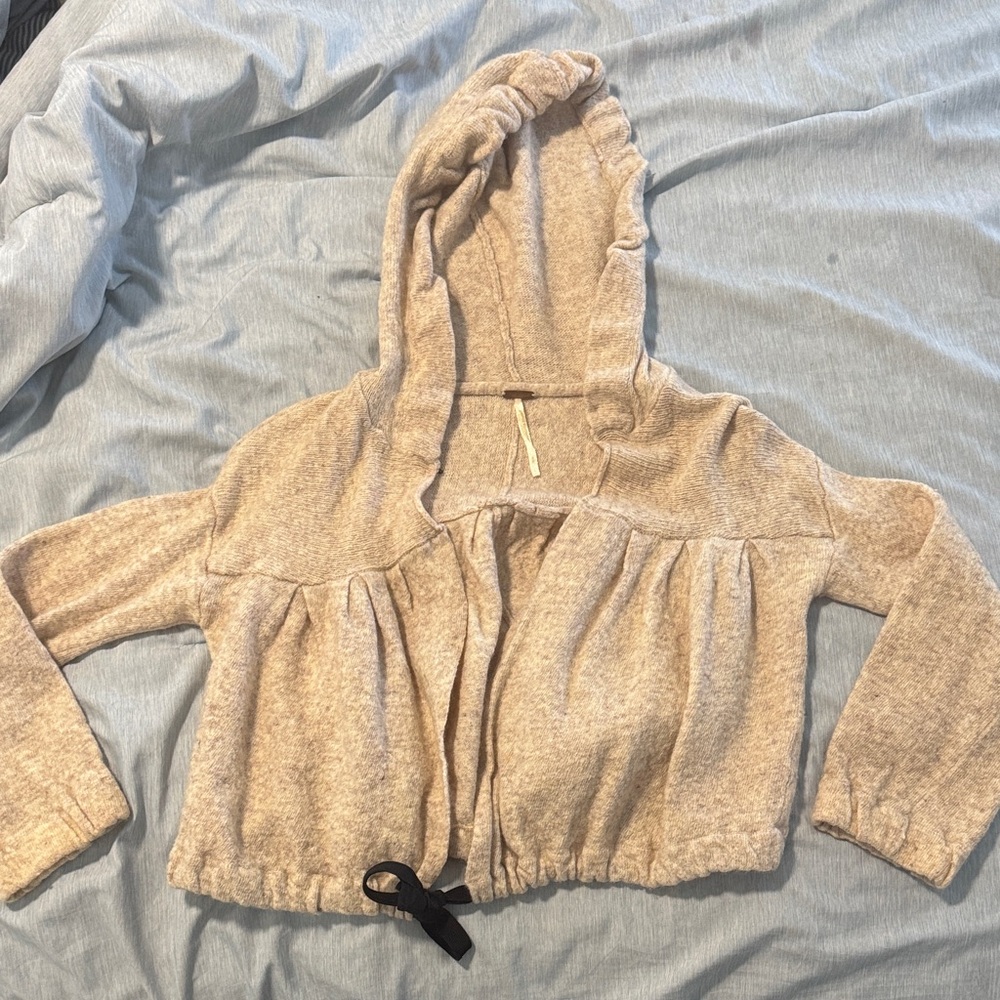 Cozy Tan Free People Hooded Cardigan with Black Tie